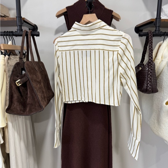 Ivory and Tan Striped Cropped Button-Down Top - Picture 6 of 6